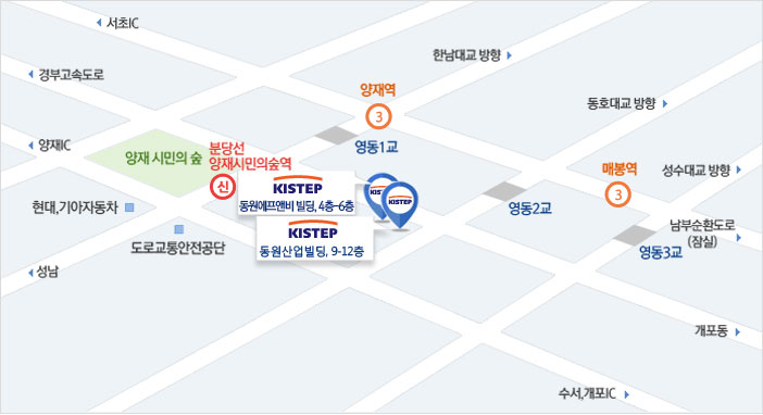 양재역에서 강남대로를 따라 1.30㎞이동 영동1교 삼거리에서 포이사거리 방면으로 좌회전후 마방로를 따라 665m 이동하여 우측에 위치 - 서울시 서초구 마방로(68) 동원산업빌딩 9~12층 (06775) 동원에프앤비 빌딩 4~6층 (06775)