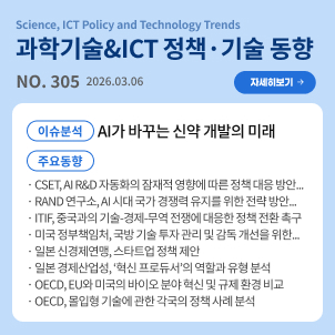 과학기술&ICT 정책·기술 동향 305호 목차: (이슈분석) AI가 바꾸는 신약 개발의 미래 / (주요동향) CSET, AI R&D 자동화의 잠재적 영향에 따른 정책 대응 방안 제시 등